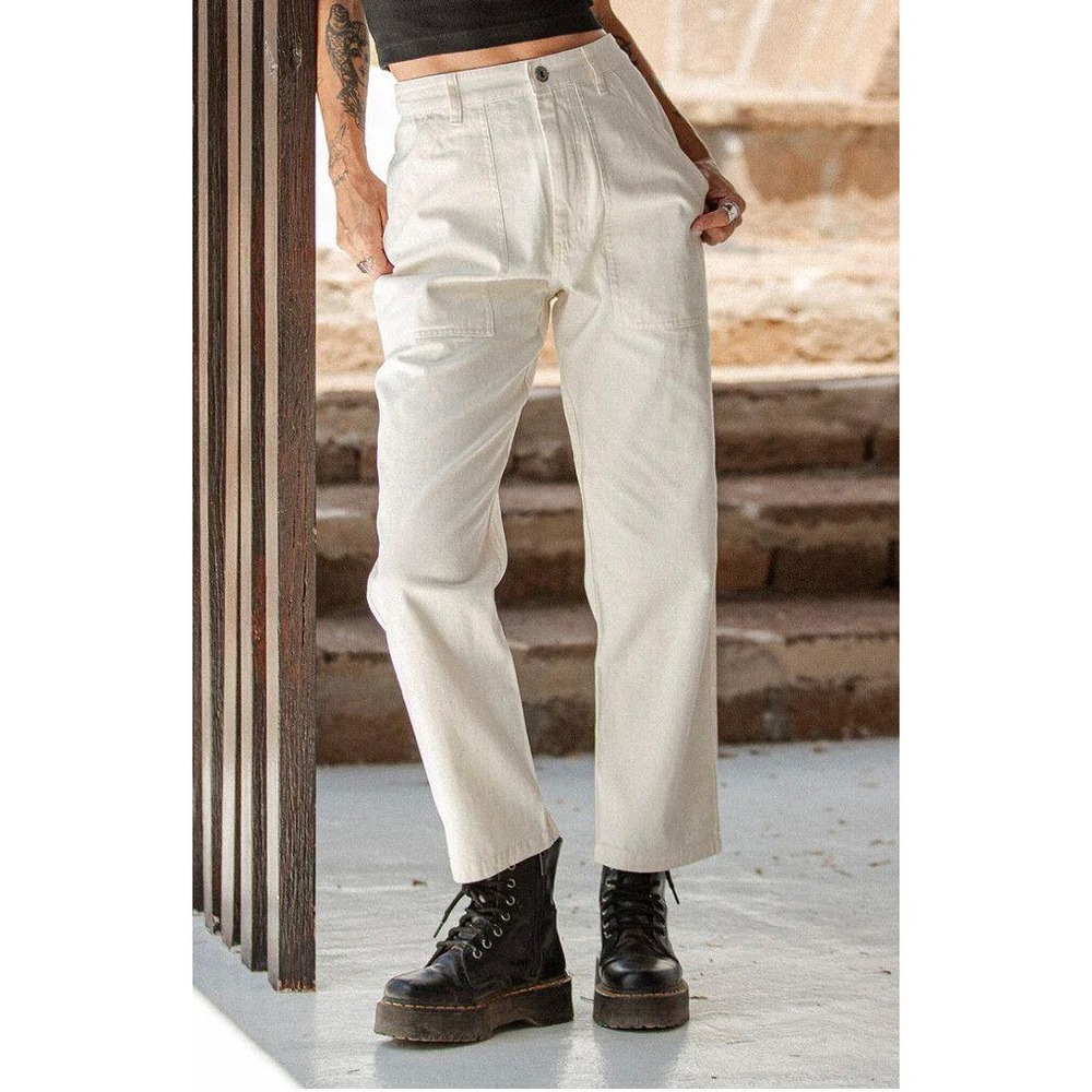 P&Co Women Cream Utility Carpenter Pants High Waisted Straight Leg Cotton 12